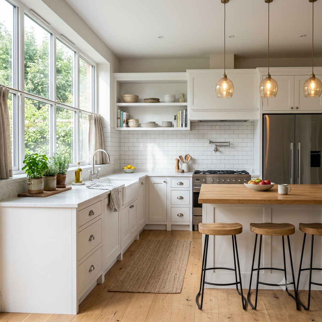 Classic white subway tile kitchen backsplash with shaker cabinets and quartz countertops.