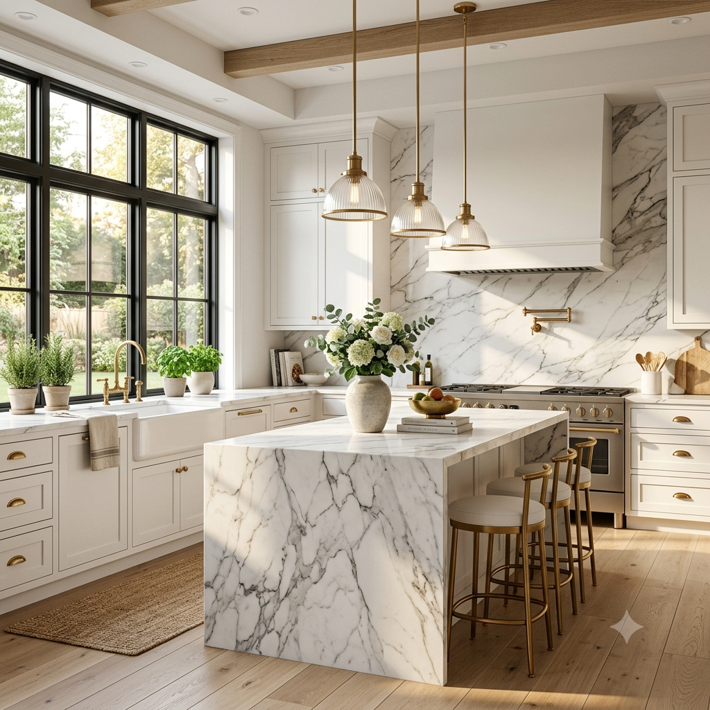 Luxury kitchen featuring a full-height white marble slab backsplash with dramatic gray veining.