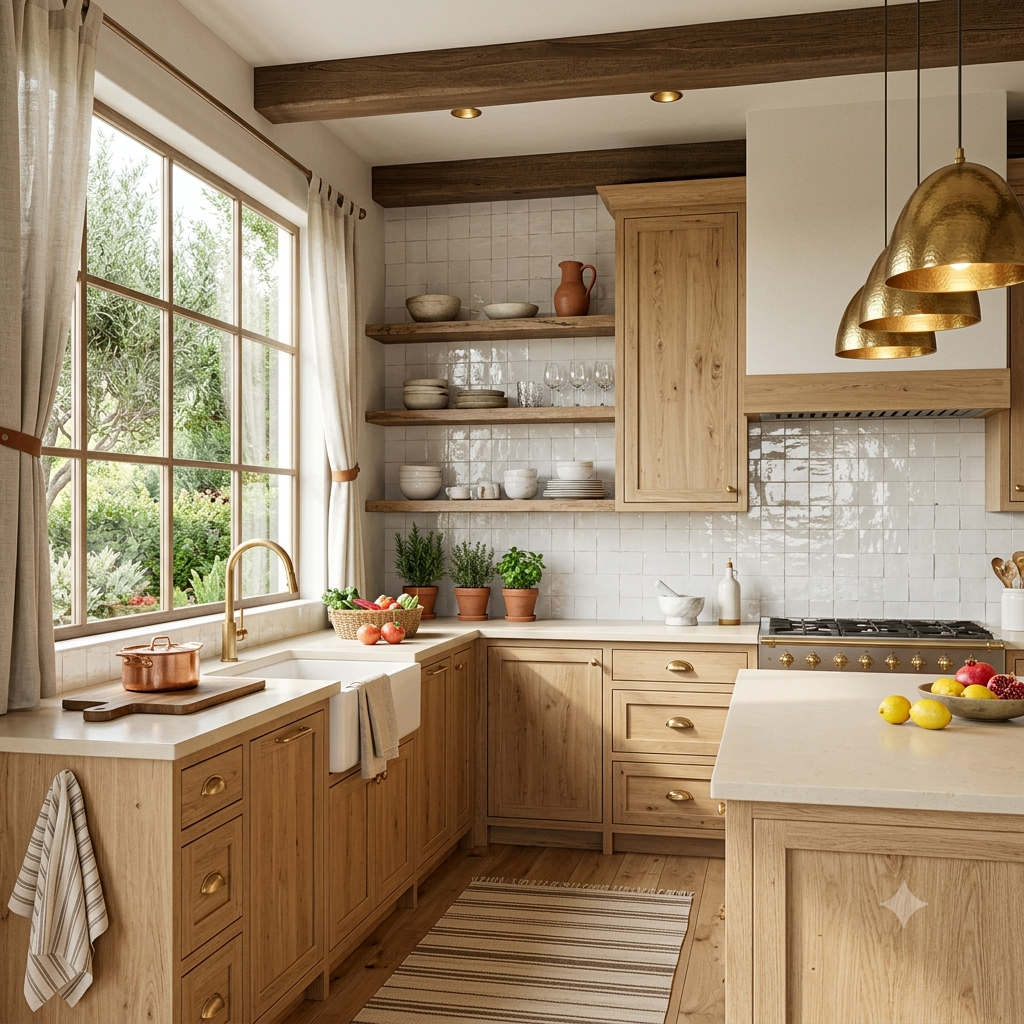 Handcrafted white Zellige tile backsplash in a bright kitchen with oak cabinets and brass accents.