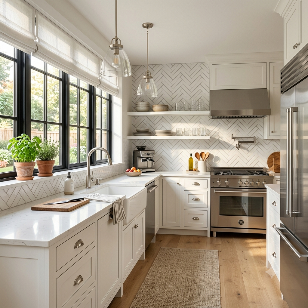 Contemporary kitchen with a white herringbone tile backsplash and elegant neutral finishes.