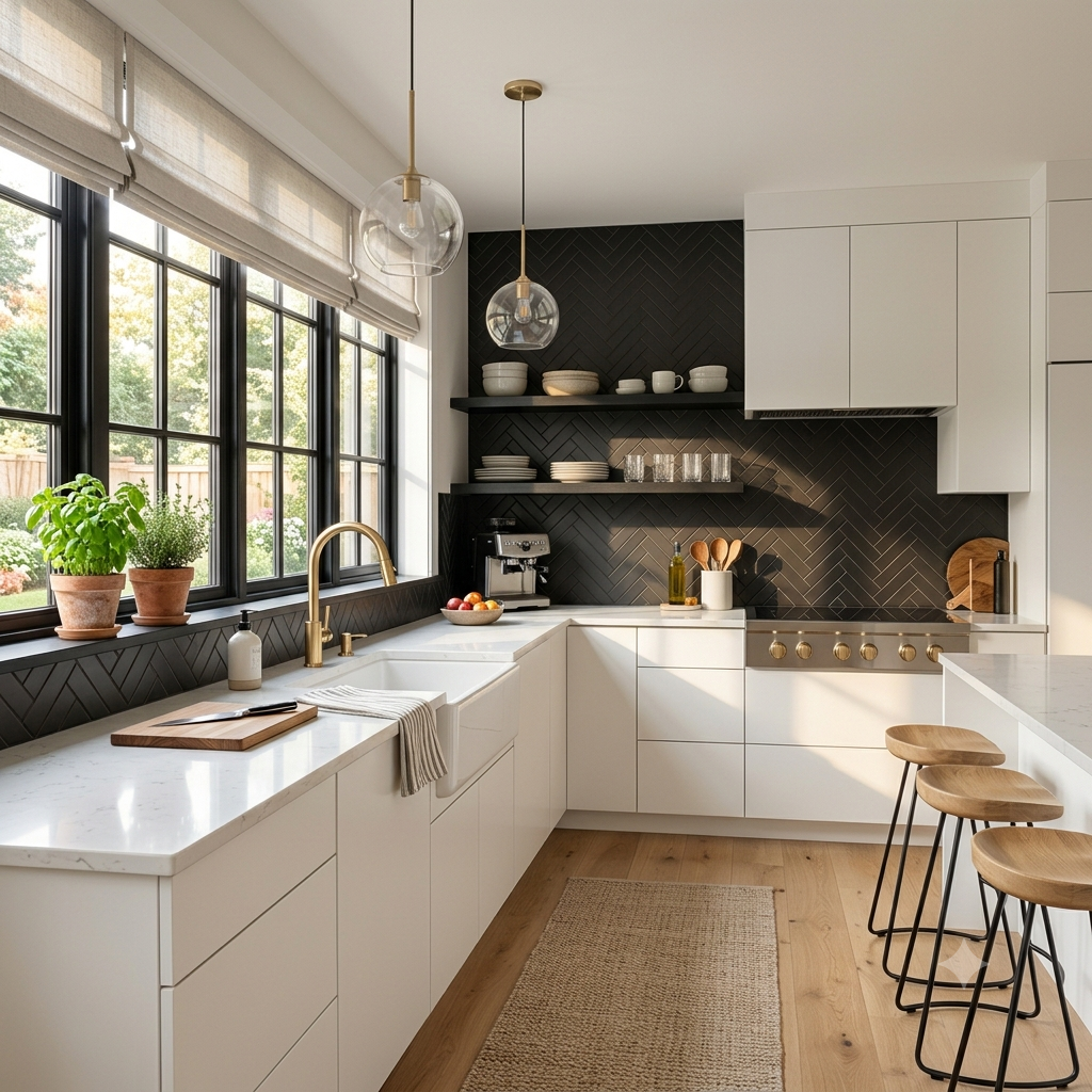 Modern kitchen featuring a matte black tile backsplash paired with white cabinetry.