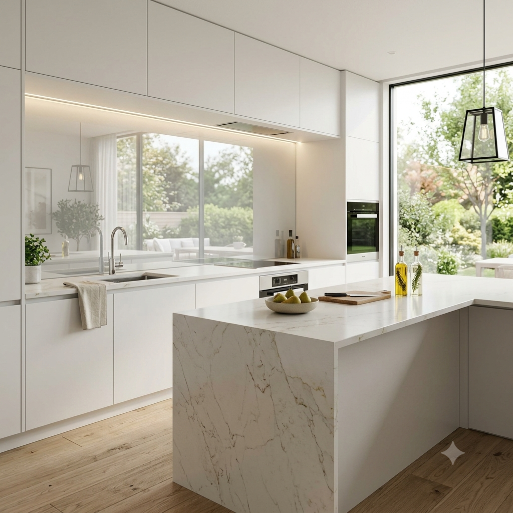 Minimalist kitchen with a seamless clear glass backsplash and sleek handleless cabinets.