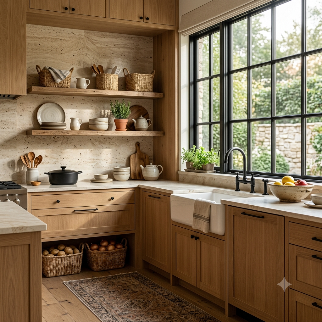 Warm kitchen showcasing a natural travertine stone backsplash and oak cabinetry.
