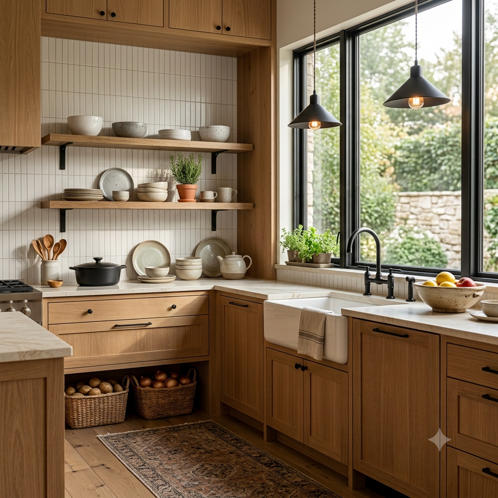 Scandinavian kitchen with a vertical stacked white tile backsplash and light wood accents.