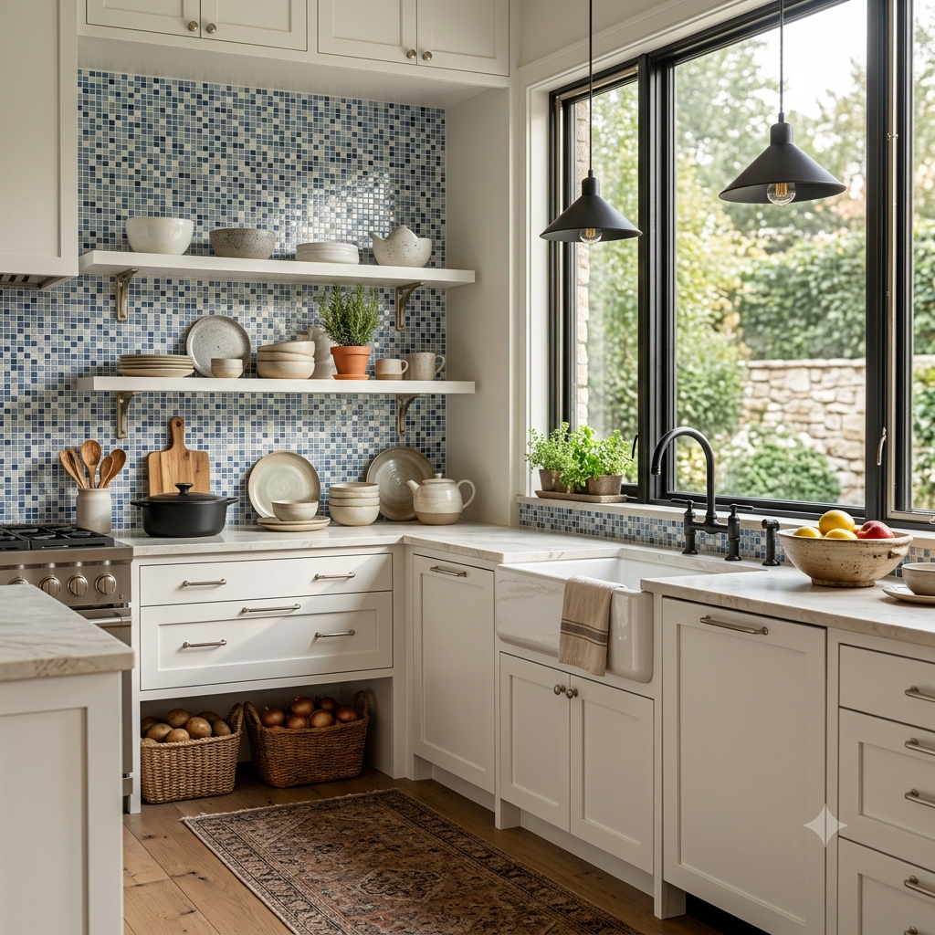 Contemporary kitchen featuring a decorative blue mosaic tile backsplash behind the cooktop.