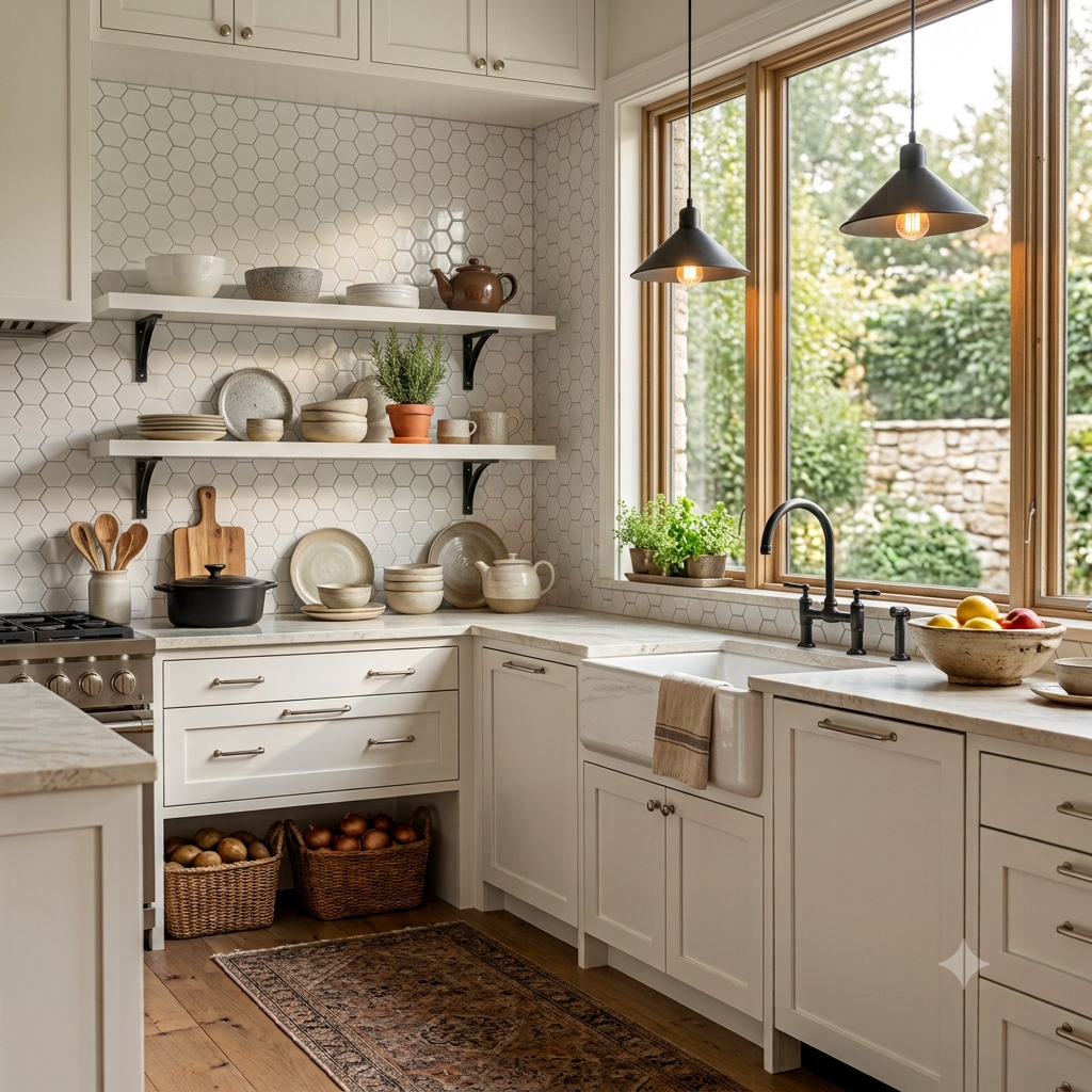 Modern kitchen with a white hexagon tile backsplash and natural wood finishes.