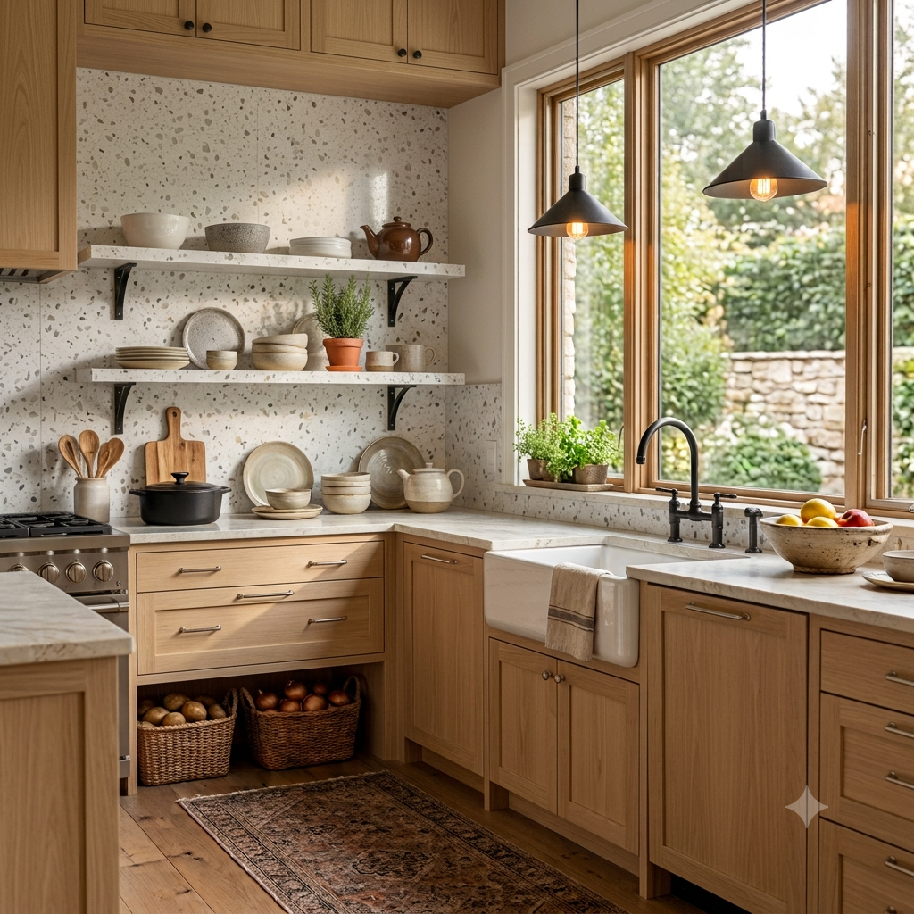 Stylish kitchen featuring a terrazzo backsplash with subtle gray and beige stone chips.