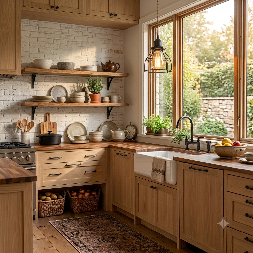 Farmhouse kitchen with a whitewashed brick backsplash and butcher block countertops.