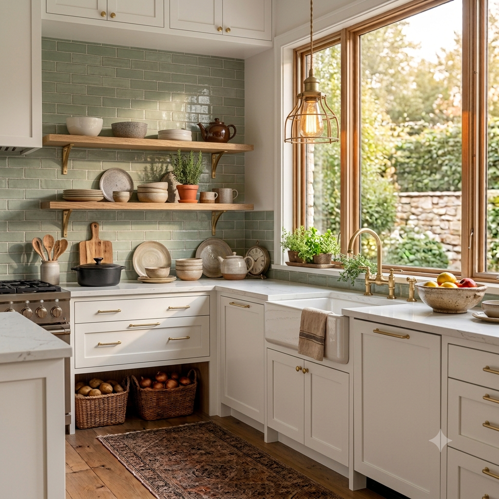 Scandinavian-inspired kitchen with a soft sage green tile backsplash and brass fixtures.