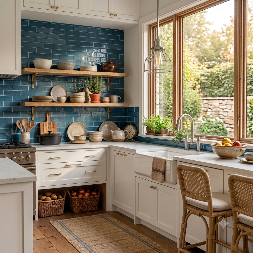 Coastal kitchen featuring a glossy blue ceramic tile backsplash and white cabinetry.