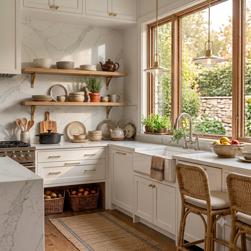 Luxury kitchen with a full-height quartz backsplash and matching quartz countertops.