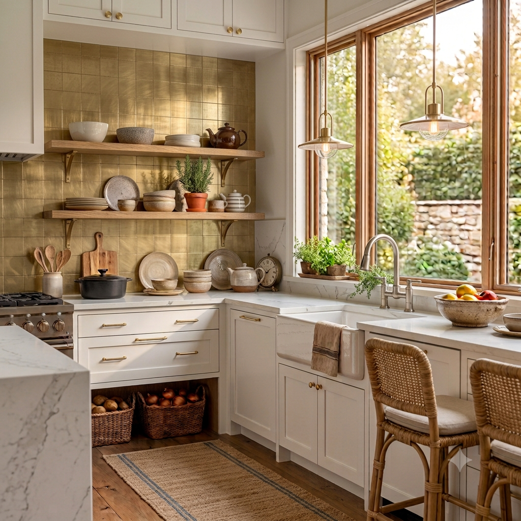 Contemporary kitchen featuring a brushed brass metallic tile backsplash behind the range.