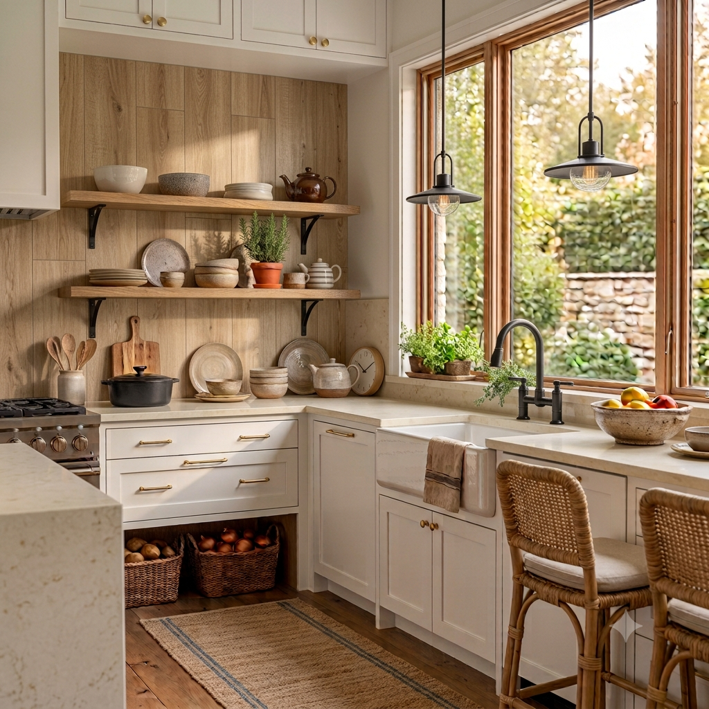 Japandi kitchen with a light oak wood-look tile backsplash and minimalist styling.