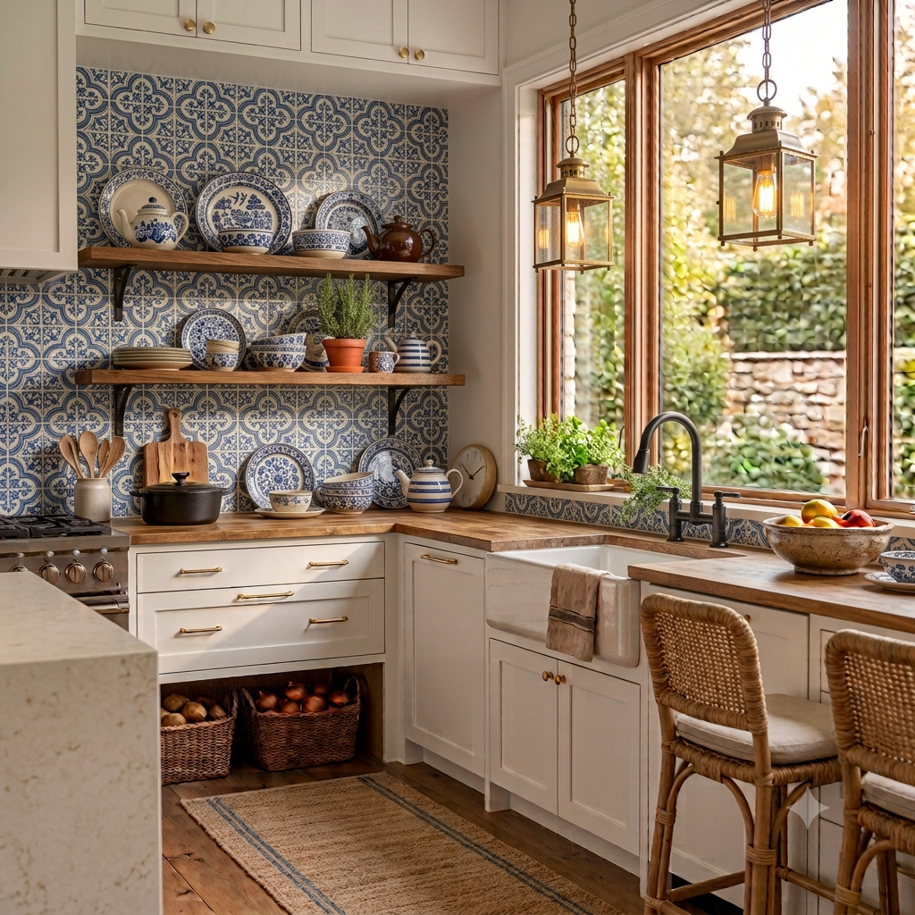 Mediterranean kitchen featuring a decorative blue and white patterned cement tile backsplash