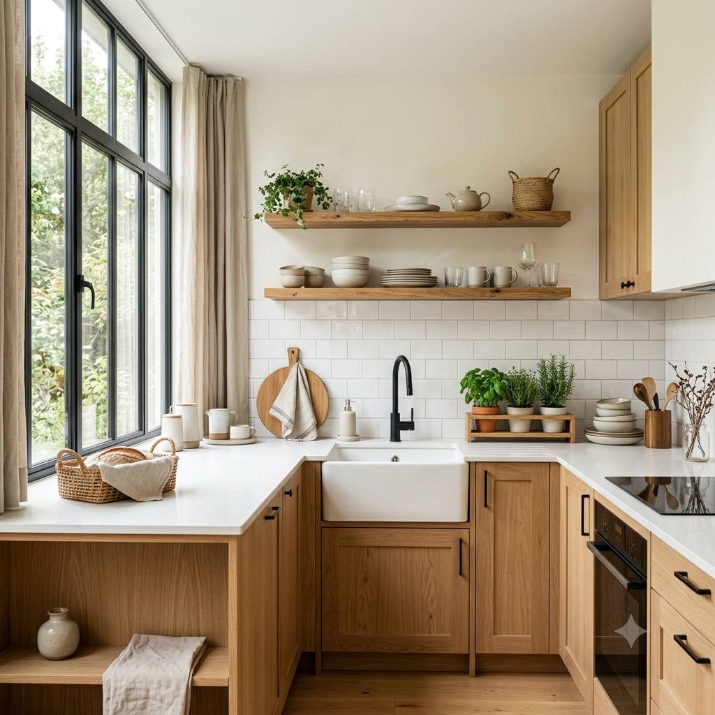 Bright Scandinavian kitchen with a simple white tile backsplash and floating wood shelves.