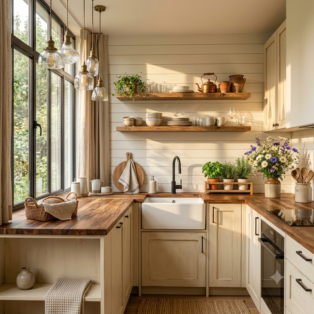 Cozy farmhouse kitchen with a white shiplap backsplash and rustic wood details.