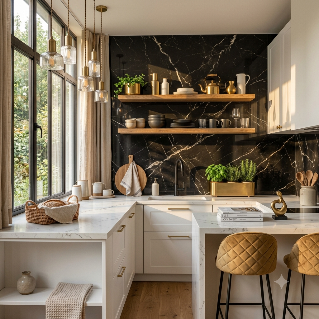 Luxury kitchen showcasing a dramatic black marble backsplash with bold white veining.