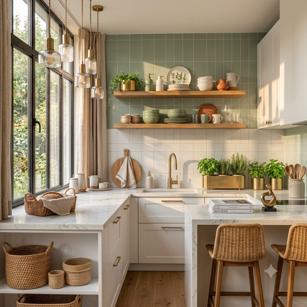 Modern kitchen featuring a two-tone white and sage green ceramic tile backsplash.
