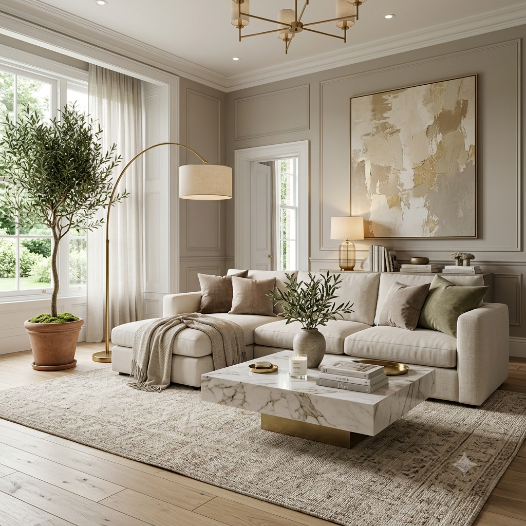 Luxury living room with warm greige painted walls and modern décor.
