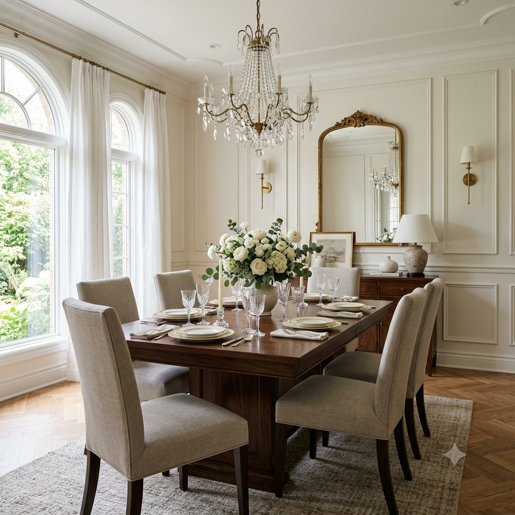Elegant dining room featuring soft ivory walls and walnut furniture.
