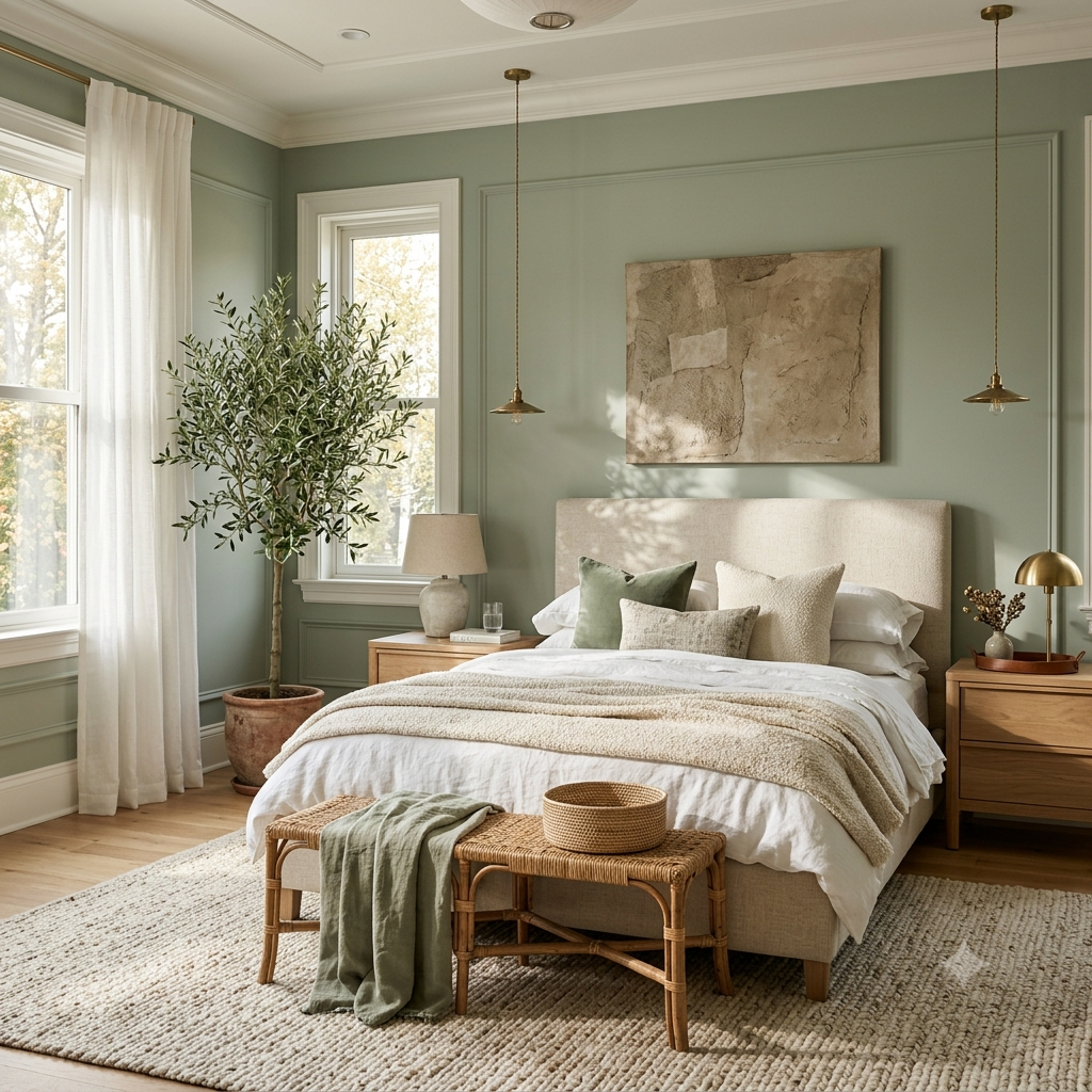 luxury bedroom with soft sage green painted walls