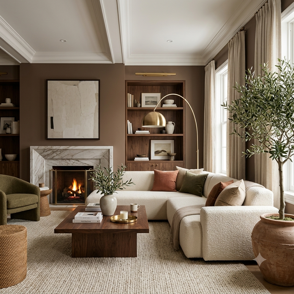 luxury living room with elegant mocha brown painted walls