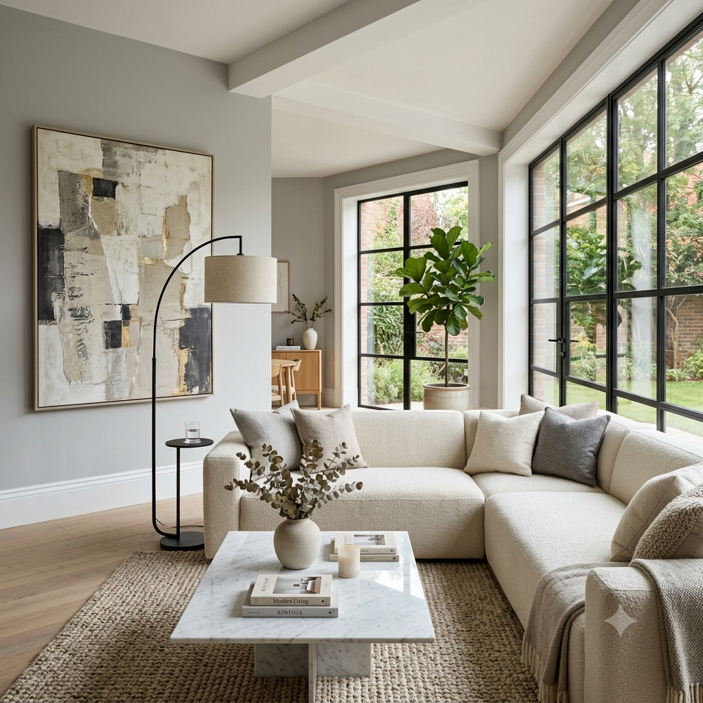 contemporary living room with pale stone gray painted walls
