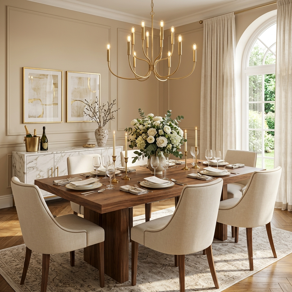 luxury dining room with champagne beige painted walls