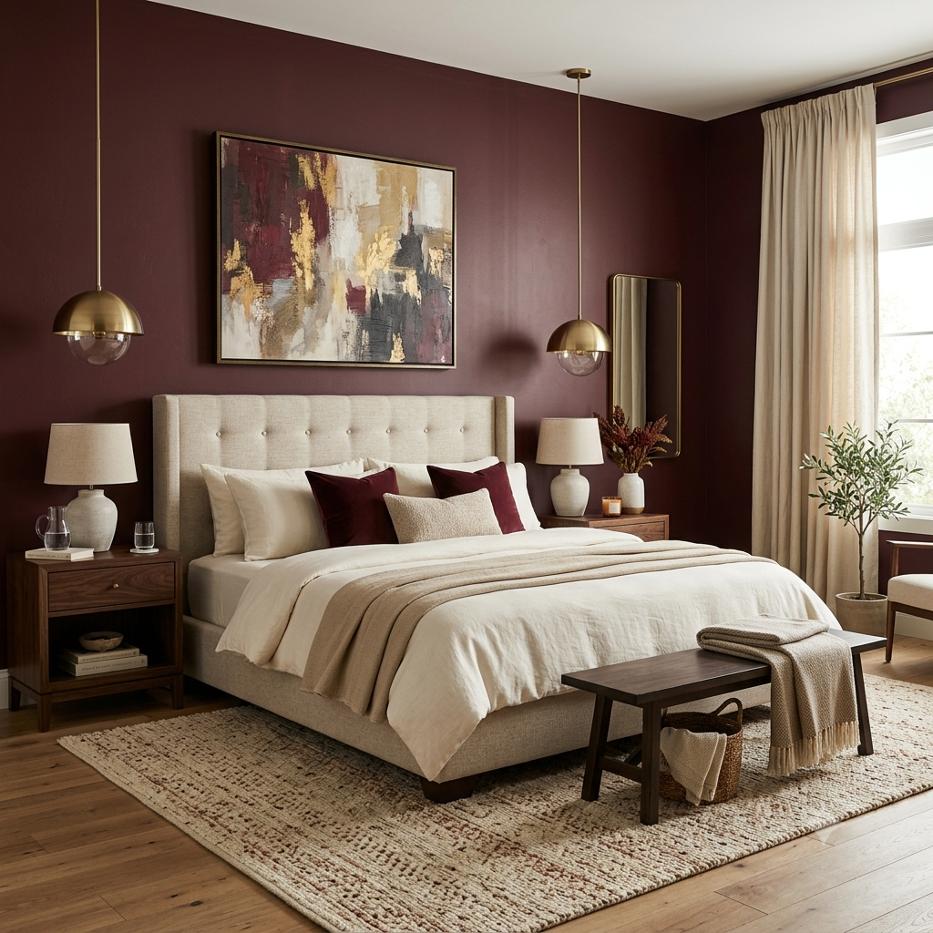 luxury bedroom with a deep burgundy accent wall