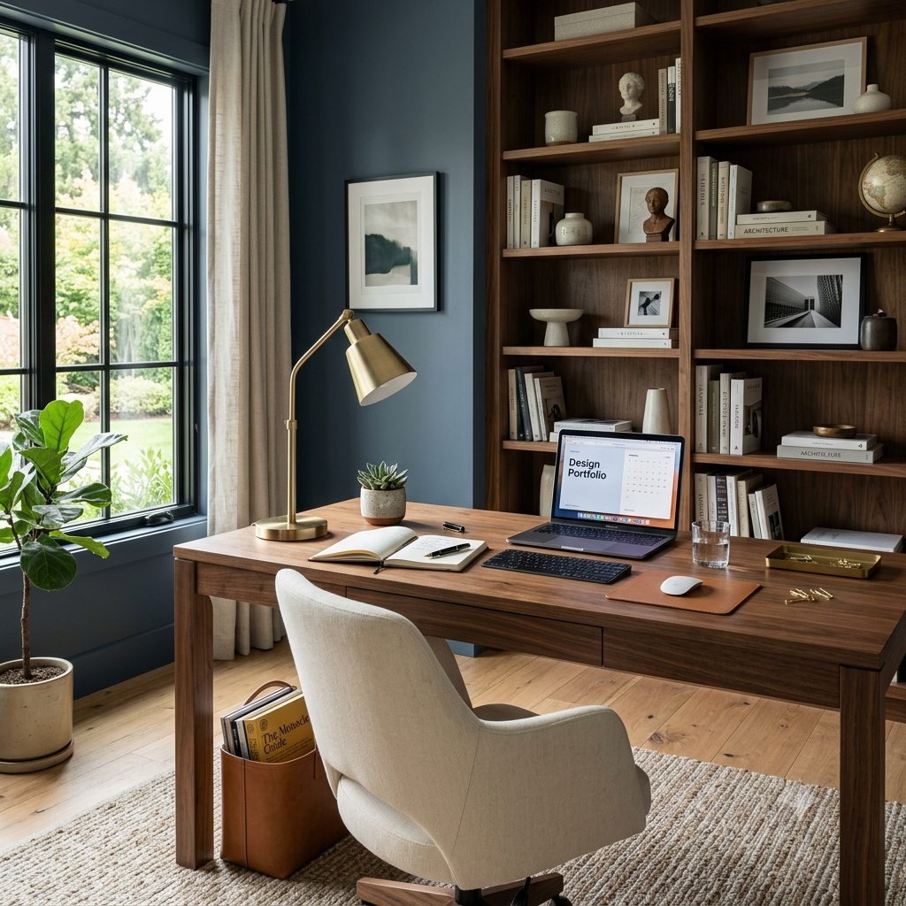 contemporary home office with slate blue painted wall
