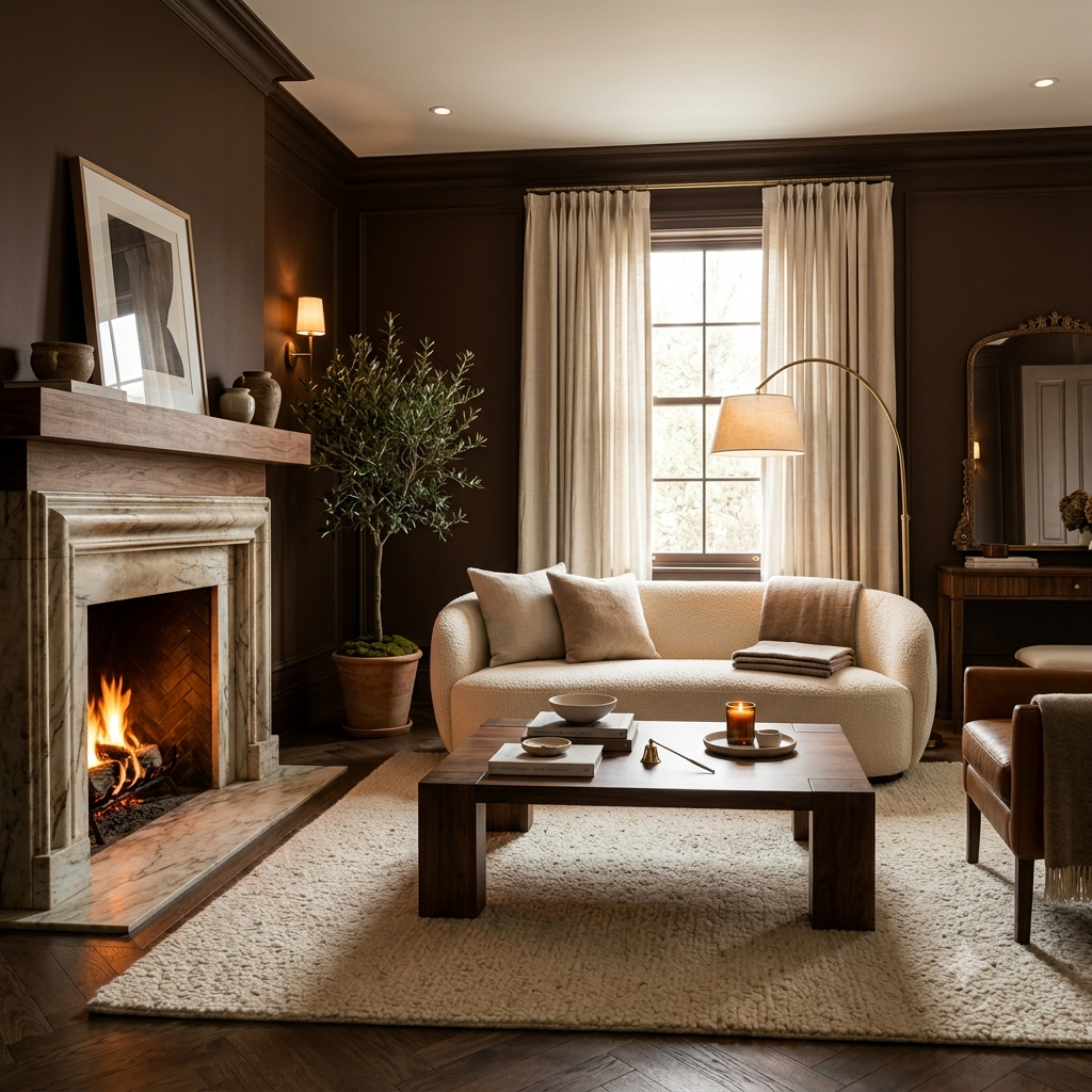 Luxury living room with warm chocolate brown painted walls