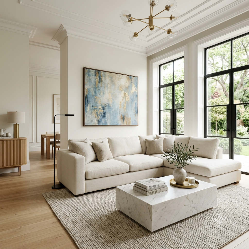 luxury open-concept living room with timeless off-white painted walls