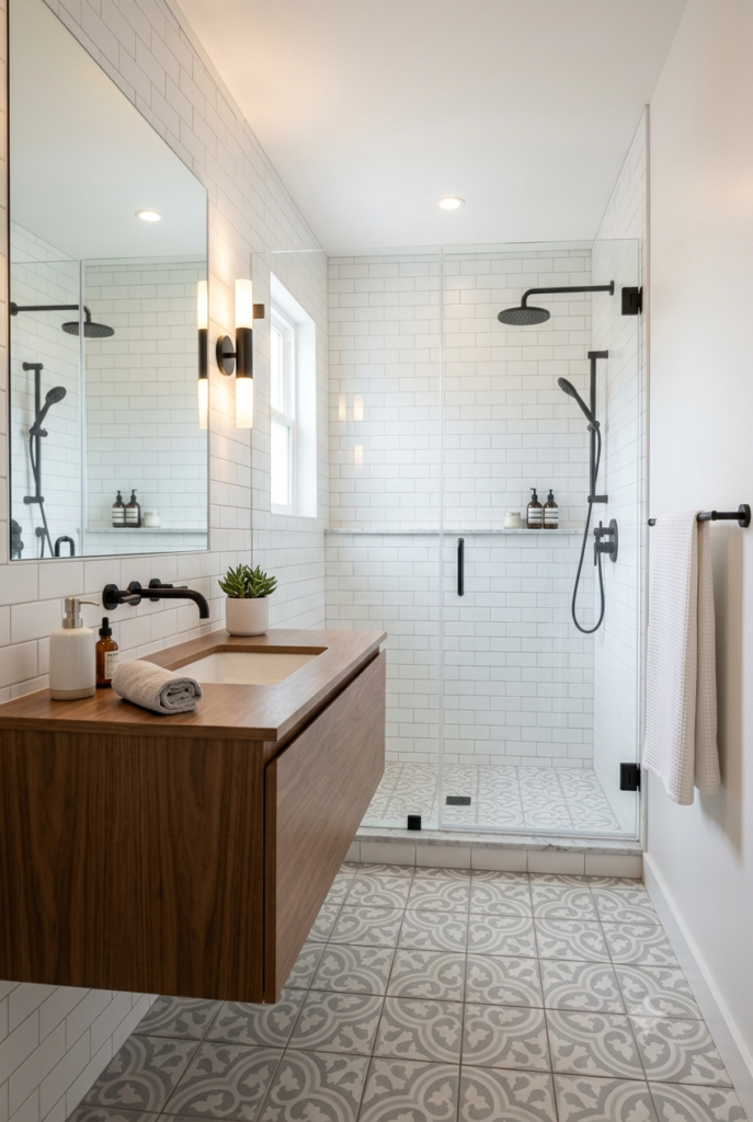 Small bathroom featuring decorative porcelain patterned floor tiles