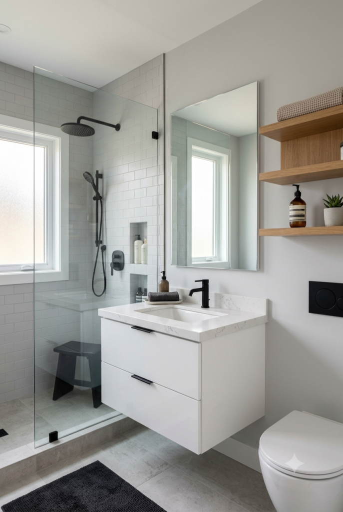Modern bathroom with matte black faucet and shower hardware