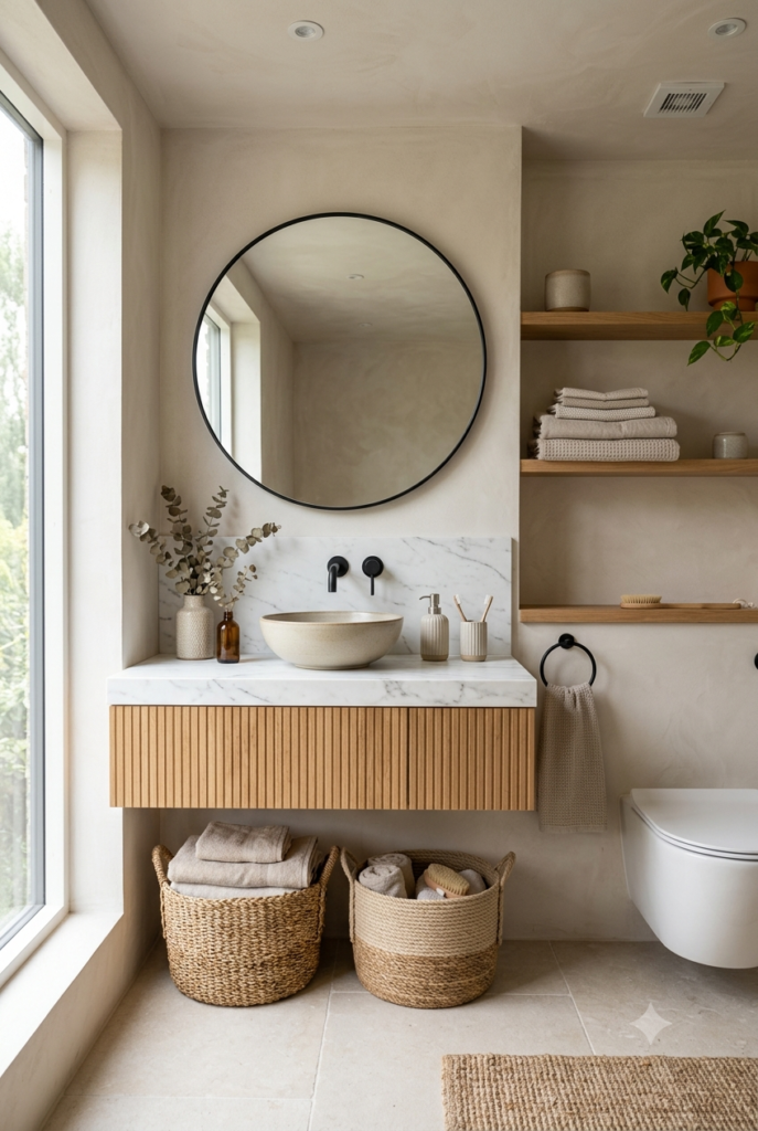 Small bathroom combining wood, stone, linen, and woven textures