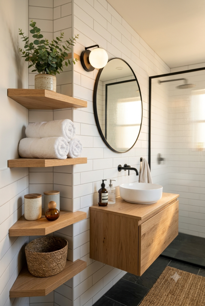 Floating corner shelves with towels and decorative accessories