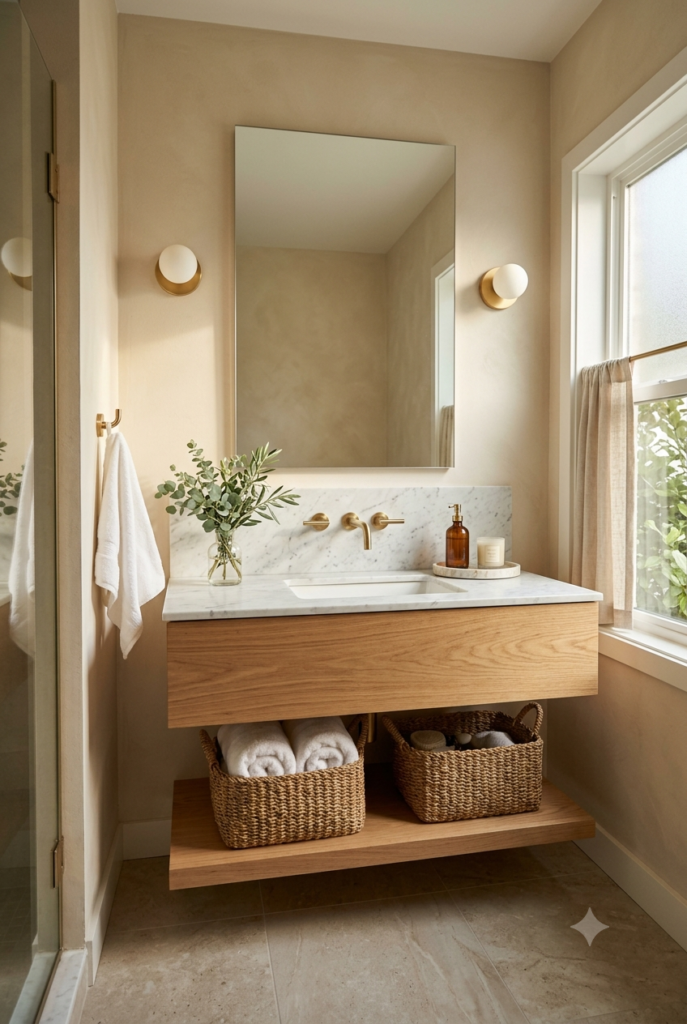 Bathroom with woven baskets beneath a floating vanity
