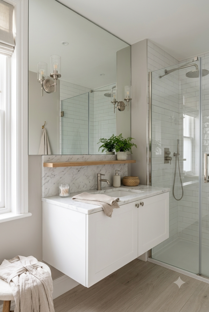 Compact bathroom with an oversized frameless mirror reflecting natural light