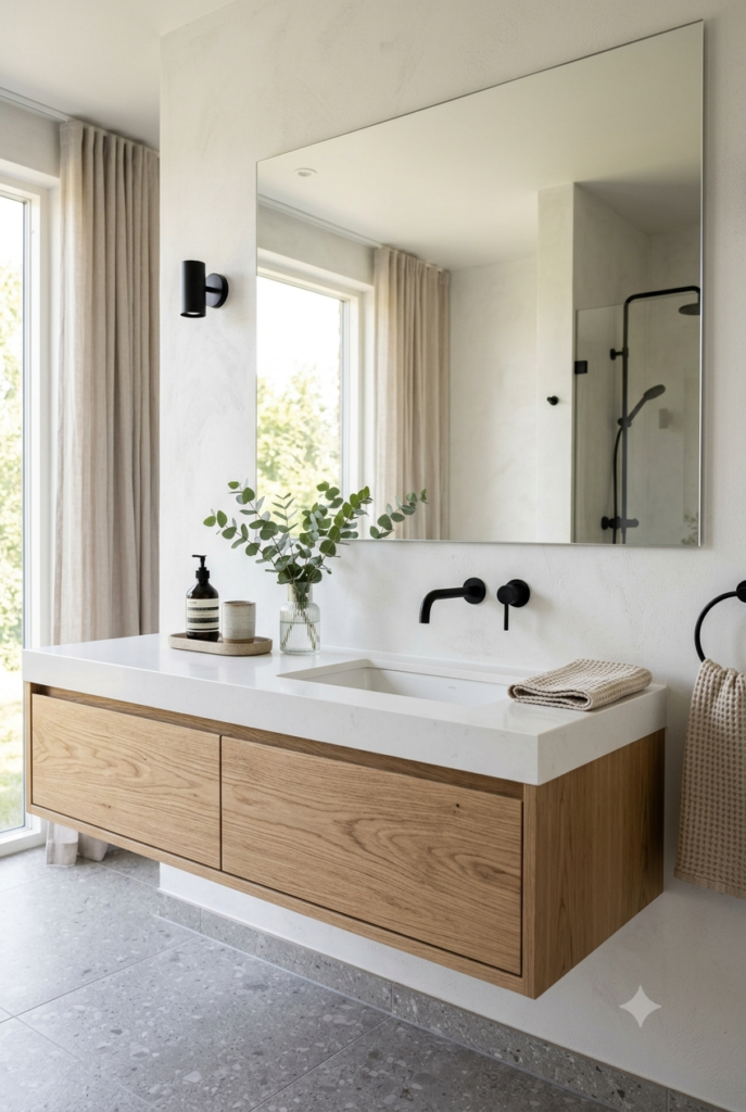 Clean white bathroom countertop with minimal accessories