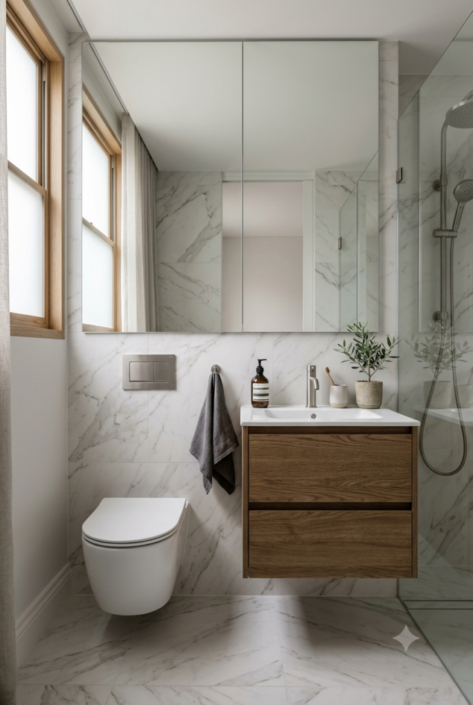 Modern bathroom with sleek wall-mounted compact toilet
