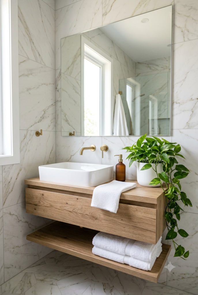 Small bathroom decorated with pothos plants and greenery