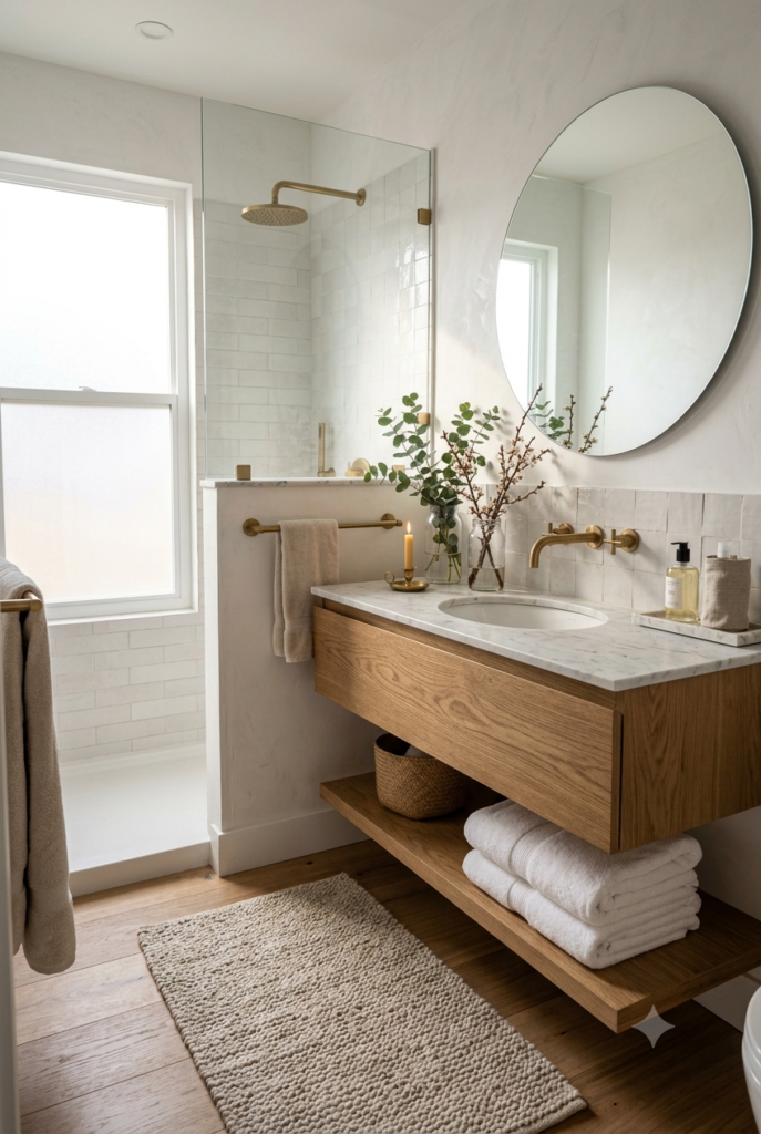 Spa-inspired bathroom with plush white towels and soft linen bath mat