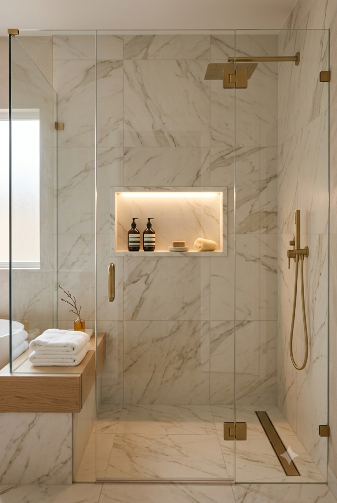 Small bathroom with a clear frameless glass shower panel