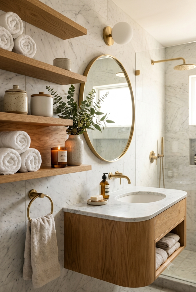 Floating wood shelves displaying towels, candles, and greenery
