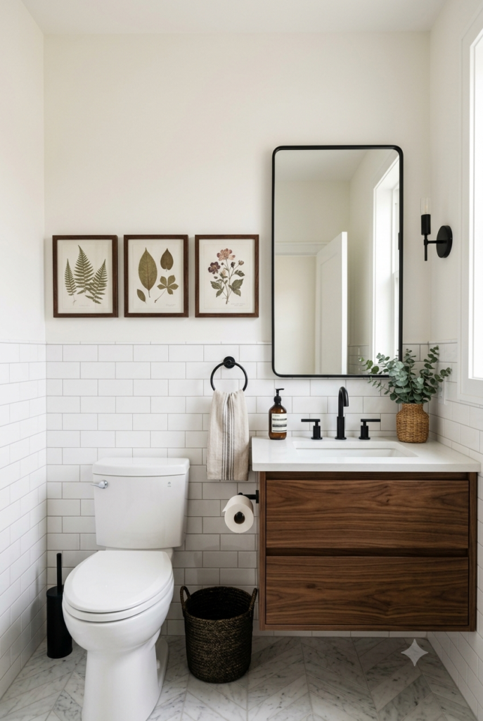 Small bathroom featuring framed botanical artwork above the toilet