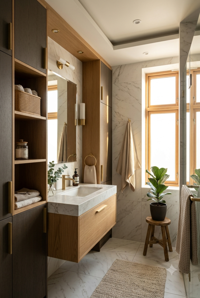 Small bathroom with built-in floor-to-ceiling cabinets