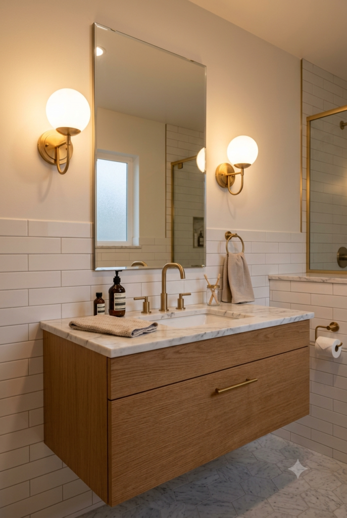 Bathroom vanity illuminated with wall sconces beside a mirror
