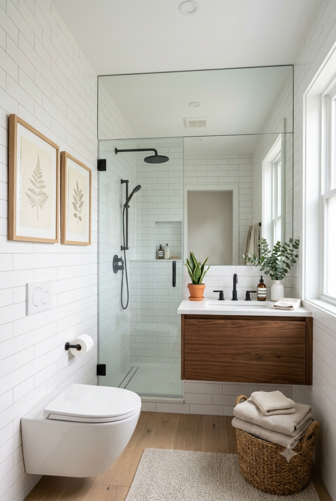 Small bathroom with a clear frameless glass shower panel