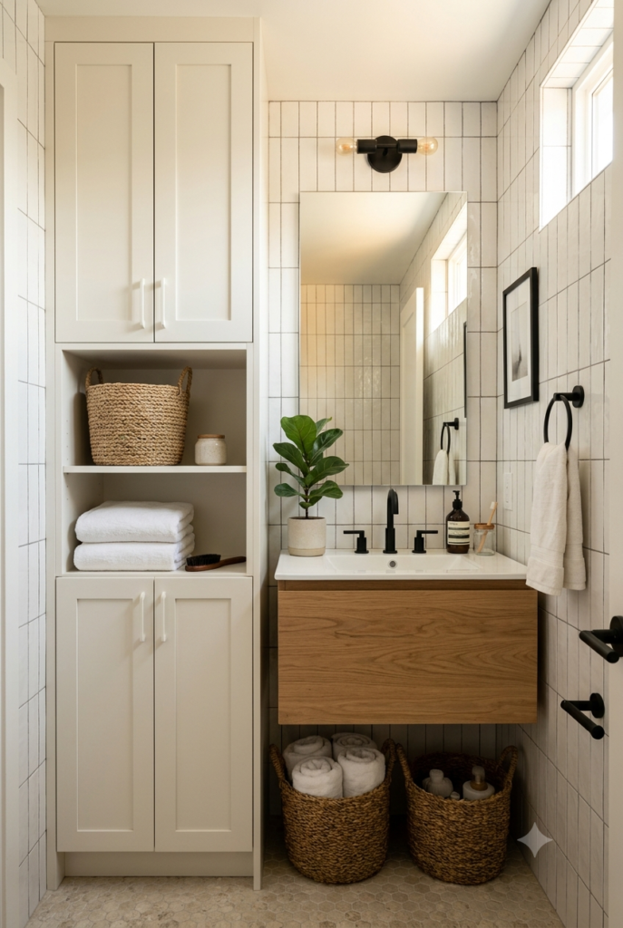 Slim floor-to-ceiling storage cabinet in a small bathroom