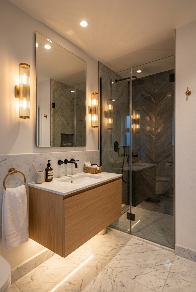 Luxury bathroom with recessed lights, sconces, and LED vanity lighting